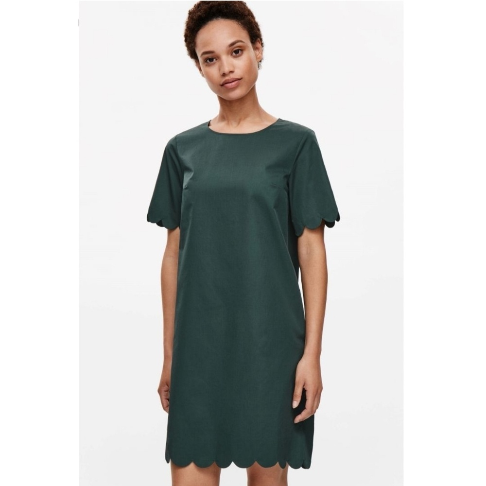 COS Short Scalloped Twill Dress in Forest Green